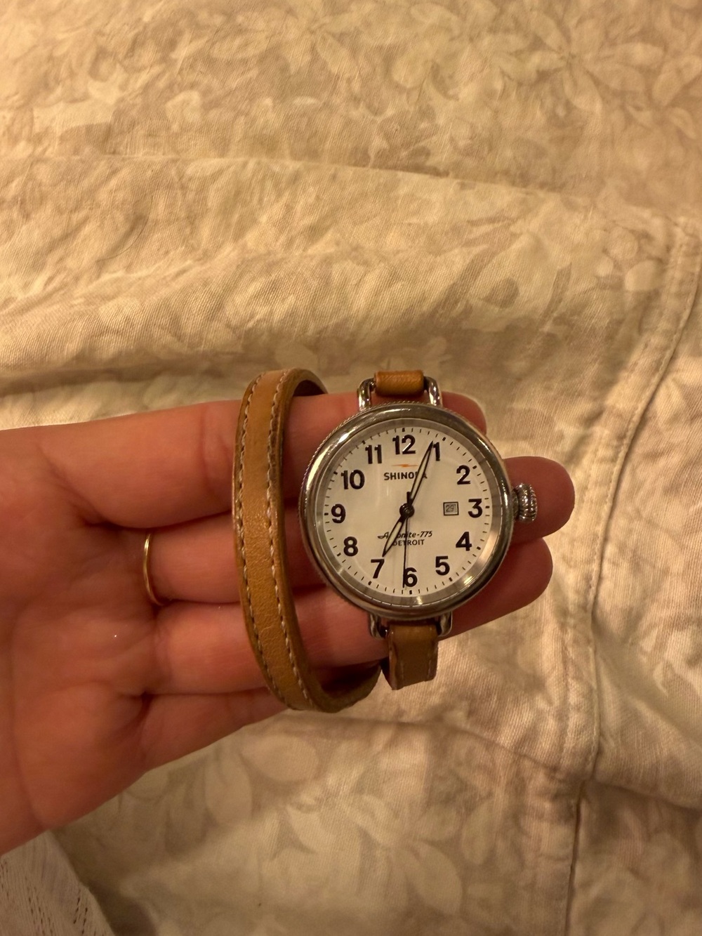 Shinola Tan Leather Double-Wrap Watch with Silver Case